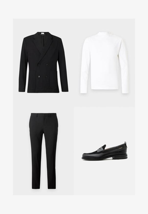 Sort dobbeltbrystet blazer med notch-lapper, fire knapper, lange ærmer og to forreste påsatte lommer på en ensfarvet baggrund.; Hvid skjorte med lange ærmer og høj hals i glat bomuldsstof. Har et enkelt design uden synlige mønstre eller detaljer.; Skræddersyede sorte bukser i et glat stof. Har et lige ben-design, frontfald og bæltestropper til justerbar størrelse.; Sort læderloafer med grå remdetalje, lav hæl og tekstureret sål, mærket med "HUGO" i guld på siden.