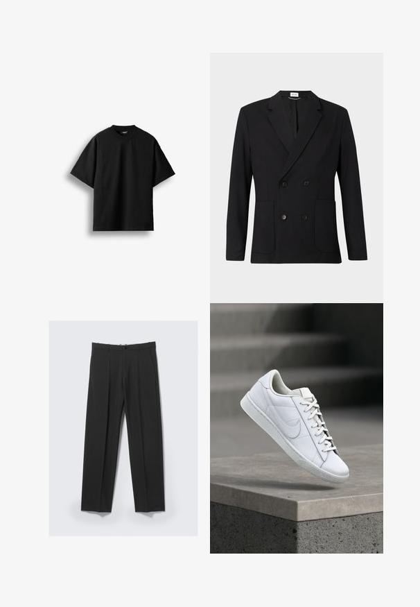 Blazer noir à double boutonnage avec revers en pointe, quatre boutons, manches longues et deux poches plaquées à l'avant sur un fond uni.; T-shirt noir à manches courtes et col rond, présenté à plat sur un fond blanc avec une petite étiquette visible au niveau du col.; Pantalon noir ajusté avec plis avant, poches latérales, passants de ceinture et fermeture par bouton à la taille sur un fond clair.; Baskets blanches en cuir avec lacets et logo Nike swoosh flottant au-dessus d'un rebord en béton dans un environnement extérieur.