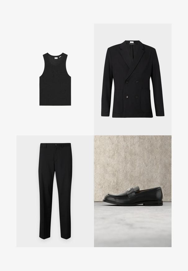 Blazer negro de doble botonadura con solapas con muesca, cuatro botones, mangas largas y dos bolsillos de parche en la parte delantera sobre un fondo liso.; Top negro sin mangas con un patrón texturizado y un cuello redondo. Fabricado con un material de punto ligero.; Pantalones de traje negros con frente plano, cintura estándar y piernas rectas. Hechos de una tela suave, con un cierre de botón único.; Mocasín de cuero negro con una placa metálica de marca apoyado cerca de una mesa redonda marrón sobre un suelo alfombrado beige.