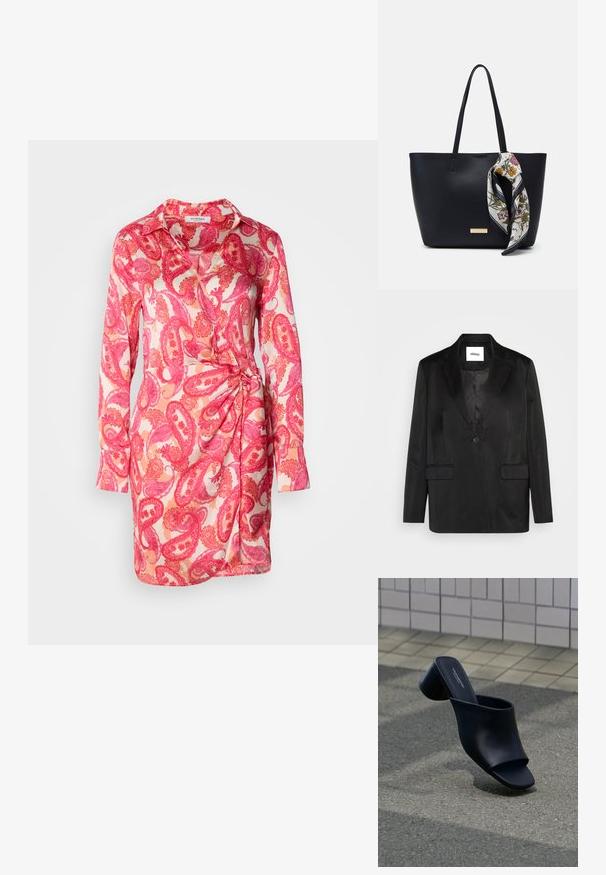 Blazer noir en tissu lisse, avec un col cranté, une fermeture à un bouton et deux poches avant. Silhouette ajustée et design classique.; Robe à manches longues en tissu léger avec un motif paisley rose, dotée d'un col et d'un détail noué sur le côté.; Mule en cuir noir à bout ouvert avec talon bloc, positionnée sur l'asphalte près d'une surface carrelée en arrière-plan.; Sac fourre-tout en cuir noir avec deux poignées, orné d'une écharpe en soie florale attachée à la poignée et d'un accent logo métallique à l'avant.