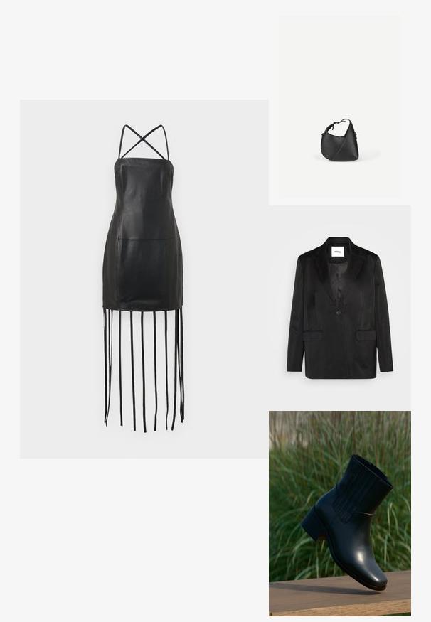 Blazer negro de tejido suave, que presenta solapas con muesca, cierre de un solo botón y dos bolsillos frontales. Silueta ajustada y diseño clásico.; Vestido de cuero negro con finas tirantes cruzados en la espalda, cuerpo ajustado y detalles de flecos colgando del dobladillo. Textura suave y diseño minimalista.; Bota negra de cuero al tobillo con punta redonda y tacón modesto. Presenta costuras verticales en el lateral, textura lisa y una silueta elegante.; Bolso de hombro de cuero negro con forma triangular redondeada y correa ajustable sobre un fondo liso y claro.