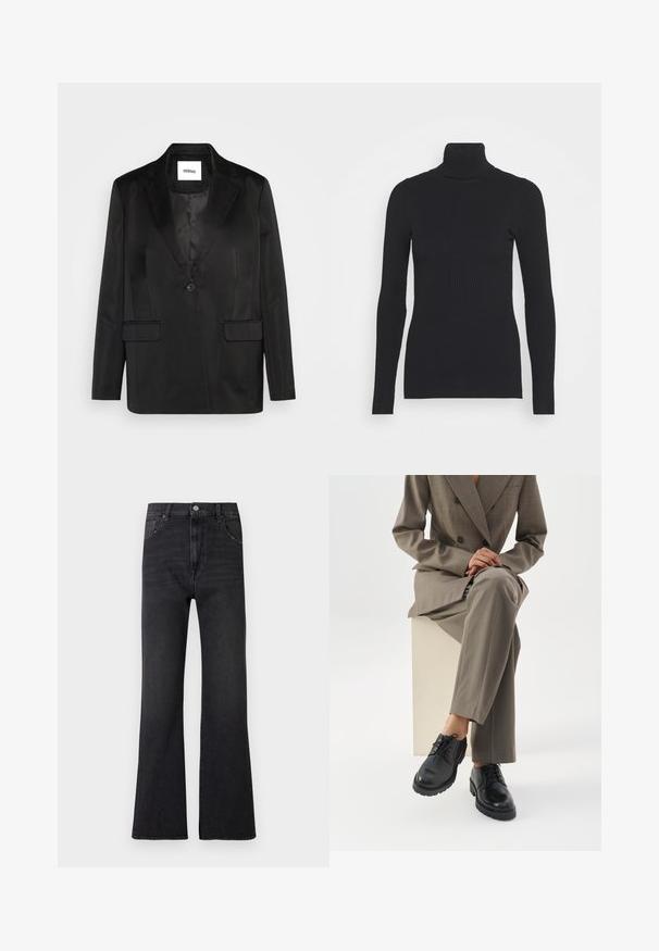 Blazer negro de tejido suave, que presenta solapas con muesca, cierre de un solo botón y dos bolsillos frontales. Silueta ajustada y diseño clásico.; Suéter ajustado de canalé negro con cuello alto, que presenta mangas largas y una silueta ceñida. La textura es suave con un patrón de canalé horizontal.; Vaqueros acampanados negros de tela vaquera, con cintura alta, dos bolsillos delanteros y un sutil desgaste. Cinco trabillas para cinturón y cierre clásico con botón metálico.; Persona con traje topo sentada en un bloque blanco con las piernas cruzadas, mostrando zapatos negros de cuero con cordones sobre un fondo blanco.