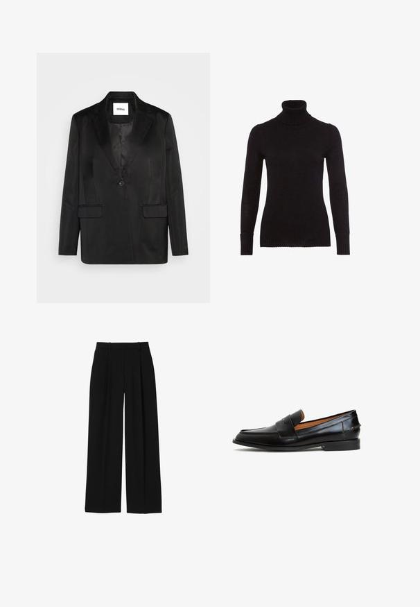 Sort blazer lavet af glat stof, med slåede revers, enkelt knaplukning og to frontlommer. Skræddersyet silhuet og klassisk design.; Sort rullekravesweater lavet af blød strik. Har lange ærmer, ribbede manchetter og en ribbet halsudskæring. Glat overflade uden synlige mønstre.; Sorte bukser med høj talje og vidde i benene med bæltestropper og forreste presninger, vist på hvid baggrund.; Sorte læder loafers med et elegant design, der har en bred rem over vristen, rund tå og flad sål. Glat tekstur med minimal syning.