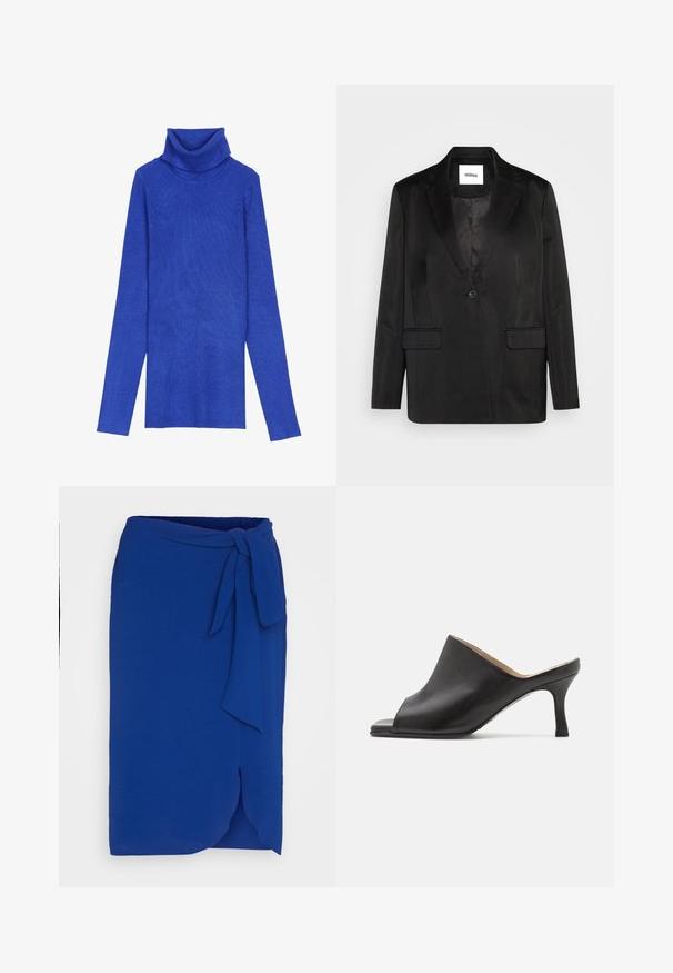 Blazer noir en tissu lisse, avec un col cranté, une fermeture à un bouton et deux poches avant. Silhouette ajustée et design classique.; Pull en col roulé côtelé bleu royal réalisé en tissu texturé, avec des manches longues et un col replié, présentant un design ajusté.; Jupe enveloppante bleue en tissu léger, dotée d'une fermeture à nouer à la taille, d'un ourlet asymétrique et d'une texture lisse.; Selected ASHLEY - Mules à talons - black