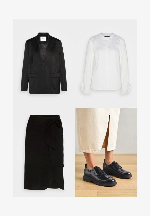 Sort blazer lavet af glat stof, med slåede revers, enkelt knaplukning og to frontlommer. Skræddersyet silhuet og klassisk design.; Hvid skjorte med knapper lavet af glat stof, med rund halsudskæring og flæser ved håndleddene. Klassisk design med lange ærmer.; Sort omslagsskirt lavet af struktureret stof, med en sidelids, lige design og en sprække i kanten.; Sorte laklædersko med en tyk sort sål, der har snørebånd og rund tå, båret med en lys beige nederdel.
