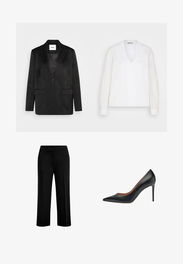Sort blazer lavet af glat stof, med slåede revers, enkelt knaplukning og to frontlommer. Skræddersyet silhuet og klassisk design.; Hvid langærmet bluse med V-udskæring, der har en glat tekstur og diskrete front sømdetaljer, designet til en afslappet pasform.; Sorte, brede bukser lavet af et glat stof med to forlommer og en flad talje. Skræddersyet design med en ren silhuet.; Scarosso GRETA - Højhælede pumps - black calf