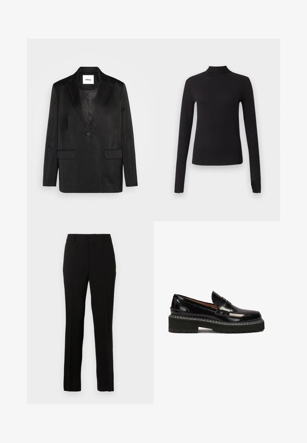 Blazer noir en tissu lisse, avec un col cranté, une fermeture à un bouton et deux poches avant. Silhouette ajustée et design classique.; Haut noir ajusté à manches longues avec col montant, présenté sur un fond gris clair uni.; Pantalons noirs ajustés en tissu lisse, présentant une coupe droite, des plis creux, des passants de ceinture et une fermeture éclair.; Mocassins en cuir verni noir avec une semelle en caoutchouc noir épaisse, accentuées par des coutures blanches et une sangle décorative à l'avant.