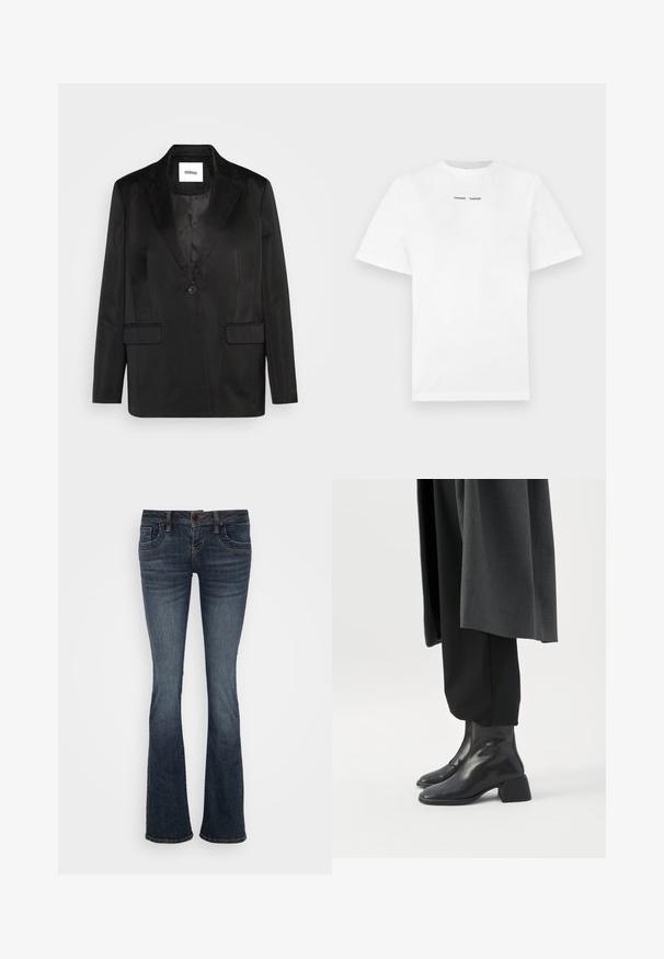 Schwarze Blazer aus glattem Stoff, mit Reverskragen, einzelner Knopfverschluss und zwei Vordertaschen. Taillierte Silhouette und klassisches Design.; Weißes Baumwoll-T-Shirt mit kurzen Ärmeln, Rundhalsausschnitt und schwarzem Drucktext "SAMSØE SAMSØE" auf der Brust. Glatte Textur und normale Passform.; Dunkelblaue ausgestellte Jeans mit mittelhohem Bund, fünf Taschen und subtilen Stichakzenten. Hergestellt aus Denim mit glatter Textur.; Schwarze Leder-Stiefeletten mit niedrigen Blockabsätzen, getragen zu schwarzen Hosen und einem dunkelgrauen langen Mantel.