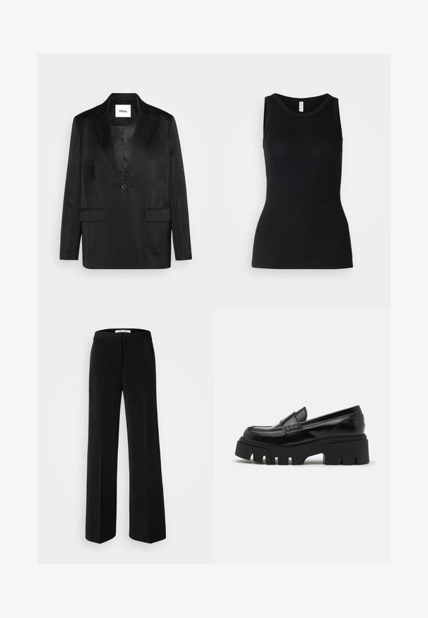 Blazer negro de tejido suave, que presenta solapas con muesca, cierre de un solo botón y dos bolsillos frontales. Silueta ajustada y diseño clásico.; Top sin mangas negro hecho de tela acanalada, con un escote redondo y un diseño ajustado, con una textura suave y sin patrones.; Pantalones anchos negros con una textura suave, que cuentan con una cinturilla ajustada y un diseño minimalista. Sin patrones ni acentos visibles.; Mocasines de cuero negro con una suela de plataforma gruesa y texturizada, y una correa decorativa en la parte superior. Acabado liso y brillante.