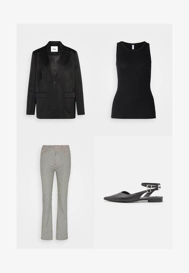 Schwarze Blazer aus glattem Stoff, mit Reverskragen, einzelner Knopfverschluss und zwei Vordertaschen. Taillierte Silhouette und klassisches Design.; Schwarzes ärmelloses Tanktop aus geripptem Stoff, mit rundem Ausschnitt und figurbetontem Design, glatter Textur und ohne Muster.; Gestreifte Jeanshose in vertikalem Muster, mit mittelhohem Bund, geraden Beinen und einem Knopfverschluss mit Gürtelschlaufen.; Schwarze Lederflats mit spitzem Zeh, Knöchelriemen und Schnallen-Detail. Verfügt über einen kleinen, niedrigen Absatz und ein offenes Seitendesign.