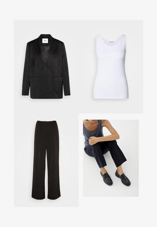 Zwarte blazer van soepel materiaal, met een notch-lapel, een enkele knoopsluiting en twee voorzakken. Getailleerde silhoutte en klassiek ontwerp.; Witte top met een gladde, rekbare stof. Beschikt over een ronde halslijn en brede schouderbanden. De zoom zit net onder de taille. Geen patronen of accenten.; Vero Moda Wide leg VMLUNADESI Mid waist - Broek - black; Zwarte leren loafers met textuurelementen, lage hak, ronde neus en zichtbare stiksels. Model draagt donkere broek en een grijze top.