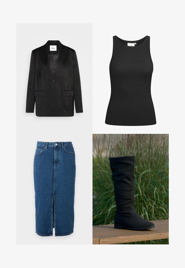 Schwarze Blazer aus glattem Stoff, mit Reverskragen, einzelner Knopfverschluss und zwei Vordertaschen. Taillierte Silhouette und klassisches Design.; Schwarzes Tanktop aus Rippstoff mit Rundhalsausschnitt und figurbetonter Passform. Flache Nähte und keine Verzierungen. Einfaches und elegantes Design.; Midilanger blauer Denimrock mit mittigem Frontschlitz, Gürtelschlaufen, Vordertaschen und Knopfverschluss in der Taille.; Schwarzer kniehoher Stiefel aus weichem Stoff mit schlabberndem Design, spitz zulaufender Schuhspitze und flacher Sohle, vor einem grasbewachsenen Hintergrund.