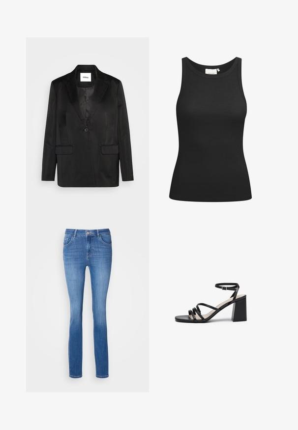 Blazer noir en tissu lisse, avec un col cranté, une fermeture à un bouton et deux poches avant. Silhouette ajustée et design classique.; Débardeur noir en tissu côtelé, avec un décolleté en forme de rond et une coupe ajustée. Coutures plates et sans ornements. Design simple et épuré.; Jean en denim bleu avec une coupe slim, cinq poches et un motif légèrement délavé. Fabriqué à partir d'un tissu doux et extensible, avec une fermeture à bouton standard.; Sandales à talons noirs avec plusieurs fines lanières, bout carré et talon bloc, dotées d'une sangle ajustable à la cheville. Texture en cuir lisse.