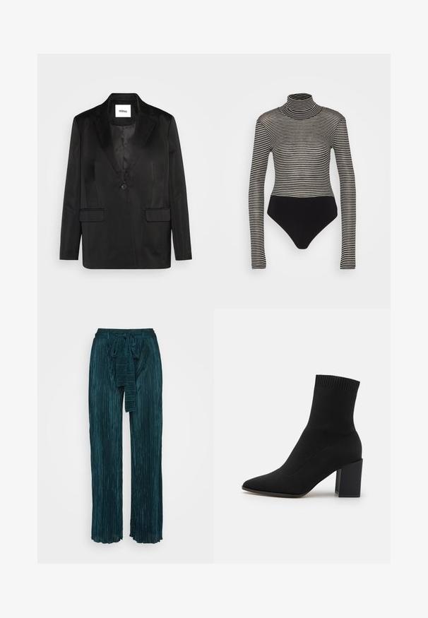 Sort blazer lavet af glat stof, med slåede revers, enkelt knaplukning og to frontlommer. Skræddersyet silhuet og klassisk design.; Anna Field by Zalando Langærmet T-shirt - black/beige; Teal brede benbukser lavet af struktureret materiale med lodrette plisseringer. Har en bindebånd i taljen og en glat finish ved kanten.; Sort ankelstøvle lavet af strækstof, med spids tå og firkantet blokhæl, og med ribbet kant øverst.