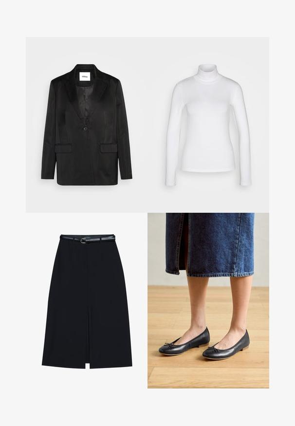 Blazer noir en tissu lisse, avec un col cranté, une fermeture à un bouton et deux poches avant. Silhouette ajustée et design classique.; Chemise à col roulé blanc à manches longues en tissu lisse et extensible. Offre une coupe ajustée et un col haut. Pas de motifs ni d'accents visibles.; Jupe noire à mi-cuisse avec une fente frontale, fabriquée en tissu lisse. Comprend une fine ceinture noire avec une boucle en argent et des passants.; Ballerines en cuir noir avec un bout arrondi, un petit nœud décoratif et un petit talon en bois, portées avec une jupe en denim.