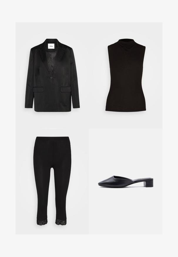 Sort blazer lavet af glat stof, med slåede revers, enkelt knaplukning og to frontlommer. Skræddersyet silhuet og klassisk design.; Sort ærmeløs turtleneck-top i ribbet stof med høj hals og tætsiddende silhuet. Ingen mønstre eller detaljer.; Sorte leggings med en tætsiddende pasform, der har en spidsdyret kant ved sømmen. Lavet af et glat, elastisk materiale for komfort og fleksibilitet.; Sort læder slip-on mule med spids tå og lav blokhæl, vist i sideprofil mod en ensfarvet baggrund.