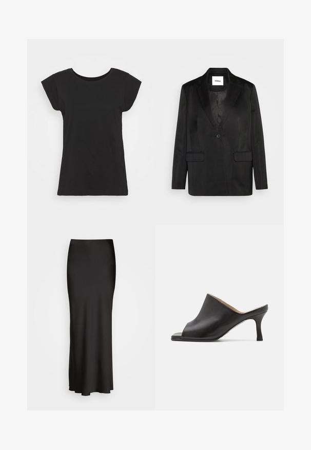 Svart blazer laget av glatt stoff, med skrått slag, enkelt knapp-lukking og to frontlommer. Skreddersydd silhuett og klassisk design.; Svart bomull t-skjorte med korte ermer, rund hals og avslappet passform. Glatt tekstur uten synlige mønstre eller aksenter.; Svart, gulvlange satengsweater med en glatt tekstur, tilpasset livlinje og A-formet silhuett, uten synlige dekorasjoner eller mønstre.; Selected ASHLEY - Mules med hæl - black