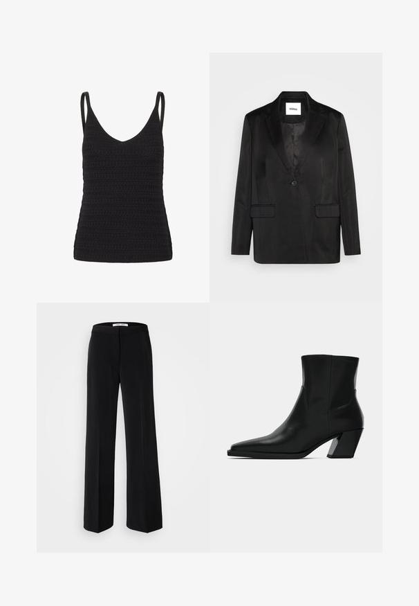 Blazer negro de tejido suave, que presenta solapas con muesca, cierre de un solo botón y dos bolsillos frontales. Silueta ajustada y diseño clásico.; Top de tirantes negro de ganchillo con escote en V, tirantes delgados y un patrón texturizado con filas uniformes. Ideal para capas o para un uso casual.; Pantalones anchos negros con una textura suave, que cuentan con una cinturilla ajustada y un diseño minimalista. Sin patrones ni acentos visibles.; Bota de tobillo de cuero negro con punta afilada, una silueta elegante y un tacón cuadrado grueso. Textura suave con detalles de costura mínimos.