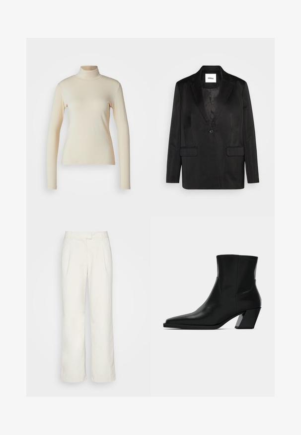 Blazer noir en tissu lisse, avec un col cranté, une fermeture à un bouton et deux poches avant. Silhouette ajustée et design classique.; Haut à col roulé à manches longues de couleur crème, fabriqué en tissu lisse et extensible ; design ajusté avec un col haut et sans motifs ni accents visibles.; Envii PANTS - Pantalon classique - oatmeal; Bottine en cuir noir avec un bout pointu, une silhouette élégante et un talon carré massif. Texture lisse avec des détails de couture minimalistes.