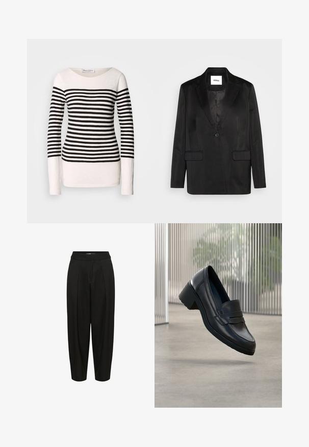 Sort blazer lavet af glat stof, med slåede revers, enkelt knaplukning og to frontlommer. Skræddersyet silhuet og klassisk design.; Langærmet stribet toppen med sort og hvid vandrette striber, bådudskæring og en tætsiddende silhuet. Materiale af bomuldsblanding.; Sorte, tapered bukser med plissédetaljer, lavet af et glat stof. Har en elastisk talje og ankel-længde design.; Sort læder loafer med chunky hæl, der svæver over en glat betongulv, slørede lodrette persienner og planter i baggrunden.