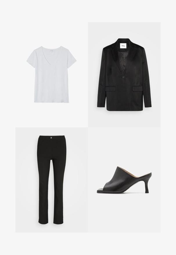 Blazer negro de tejido suave, que presenta solapas con muesca, cierre de un solo botón y dos bolsillos frontales. Silueta ajustada y diseño clásico.; Camiseta blanca de cuello en V con mangas cortas, hecha de un tejido ligero, con una textura suave y un corte relajado. Sin patrones ni detalles.; Pantalones negros con un diseño de pierna recta, confeccionados en una tela suave. Presentan un botón en la parte frontal, presillas para cinturón y dos bolsillos laterales.; Selected ASHLEY - Mules de tacón - black