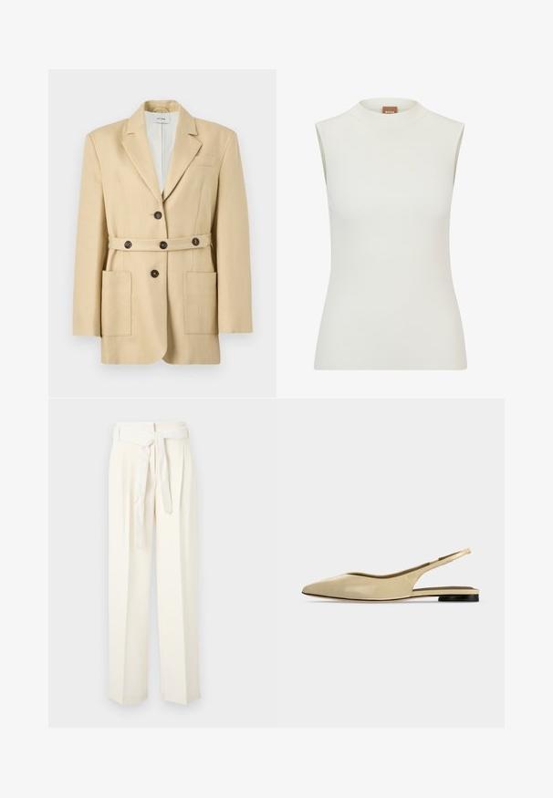 Blazer beige cintré avec revers crantés, fermeture avant à boutons, ceinture assortie avec boutons et deux grandes poches plaquées.; Haut blanc sans manches avec un col montant, présentant une texture côtelée et un design ajusté. Étiquette de marque "BOSS" visible sur le col.; Pantalons larges de couleur crème avec une taille ceinturée. Fabriqués en tissu doux, avec des plis et une texture lisse sans motifs.; Chaussure plate beige à bout pointu avec bride arrière, petit talon noir et finition en cuir lisse, vue de côté sur un fond uni.