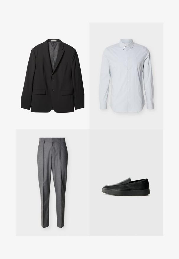 Veste pour homme noire avec revers crantés, deux boutons sur le devant, deux poches à rabat et une poche poitrine, présentée sur un fond blanc.; Chemise à manches longues avec rayures bleu clair, fabriquée en coton. Elle présente un col classique, une patte de boutonnage et des poignets réglables. Logo discret sur la poitrine.; Pantalon de tailleur gris avec plis et passants pour ceinture, présenté à plat sur un fond blanc.; Calvin Klein HYBRID CUP - Chaussons - triple black