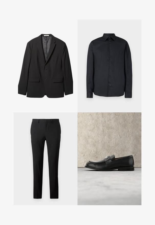 Americana negra de hombre con solapas con muesca, dos botones delanteros, dos bolsillos con solapa y un bolsillo en el pecho, mostrada sobre un fondo blanco.; Camisa negra de manga larga con diseño ajustado, botones delanteros, cuello clásico y textura suave; cuenta con siete botones oscuros.; Pantalones negros a medida en una tela suave. Presentan un diseño de pierna recta, pliegues frontales y trabillas para cinturón para un tamaño ajustable.; Mocasín de cuero negro con una placa metálica de marca apoyado cerca de una mesa redonda marrón sobre un suelo alfombrado beige.