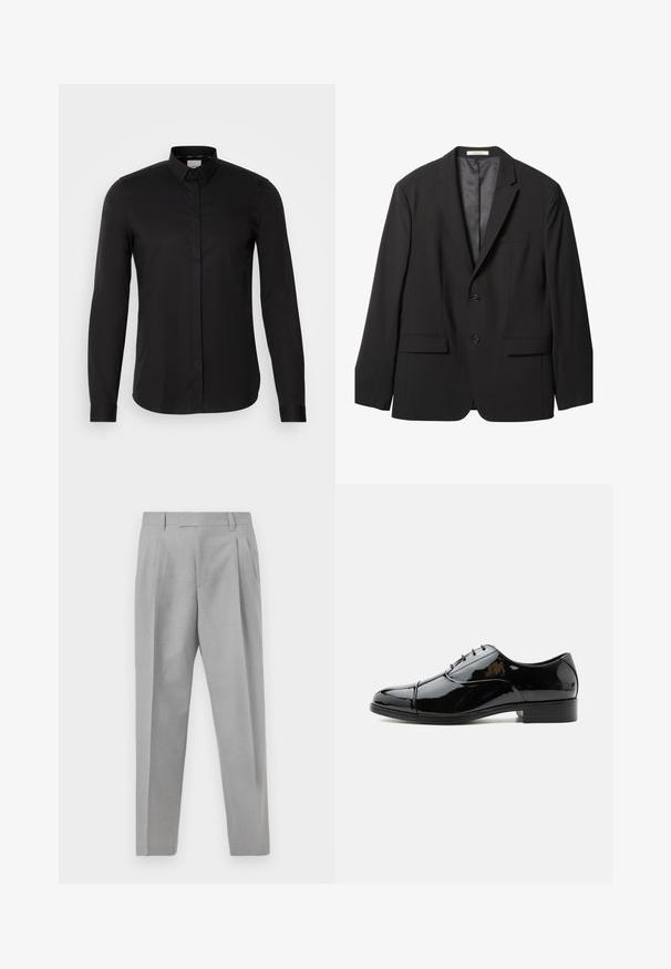 Schwarzer Herrenblazer mit Kerbkragen, zwei vorderen Knöpfen, zwei Pattentaschen und einer Brusttasche, dargestellt vor weißem Hintergrund.; Schwarzes Langarmshirt aus glattem Material, mit Button-Down-Kragen, Frontleiste und dezentem Logo-Detail auf der Brust.; Hellgraue, maßgeschneiderte Hosen mit geradem Bein, vorne mit Falten und einer glatten Stoffstruktur. Entworfen mit einer klassischen, minimalistischen Silhouette.; Schwarzer Herrenschuh aus Lackleder mit geschlossenem Schnürsystem und niedrigem Absatz, seitlich auf weißem Hintergrund gezeigt.