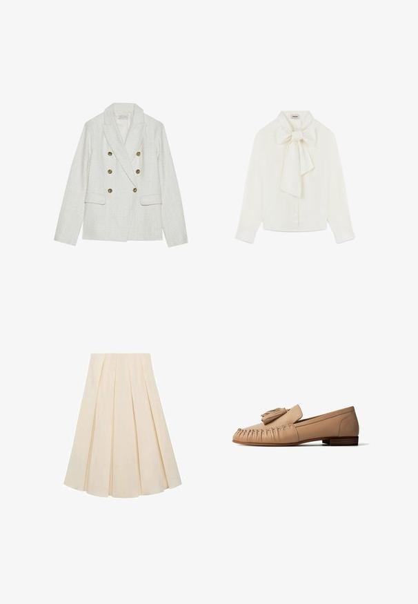 Witte tweed blazer met een dubbelzijdig ontwerp, voorzien van vier gouden knopen, twee voorzakken en een gesneden kraag.; Rodier TIE NECK - Overhemdblouse - blanc; Plisseerok van crèmekleurige stof; heeft een zachte textuur, een middellange ontwerp en symmetrische plooien die zich uitstrekken van de tailleband tot de zoom.; Beige leren loafer met kwastdetail, mocassin-achtige stiksels en een lage houten hak, zijaanzicht op een witte achtergrond.