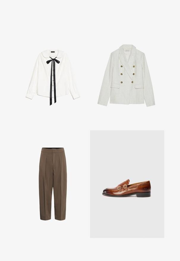 Hvid tweed blazer med en dobbeltbrystet design, der har fire gyldne knapper, to for- lommer og en spids krave.; Hvid langærmet bluse med Peter Pan krave, sort satin butterfly ved halsen og perleknapper foran.; Brune bukser med høj talje, læg foran, lige ben og en tætsiddende linning, vist mod en ensfarvet hvid baggrund.; Brune læder loafers med dobbelte spænder, rund tå, syningsdetaljer og lav hæl; poleret finish med prægede branding på siden.