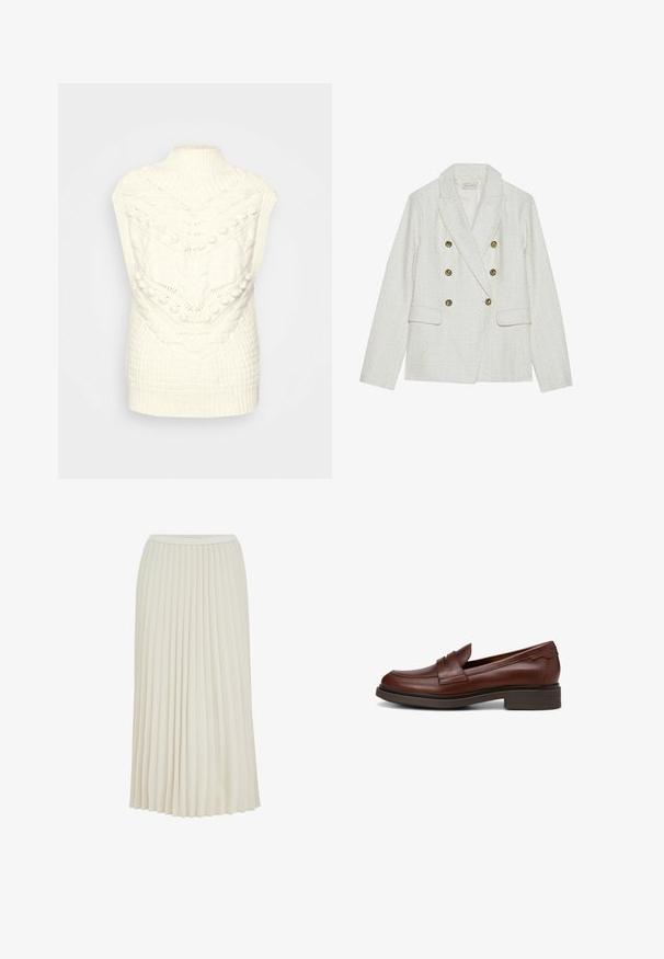 Blazer blanco de tweed con diseño de doble botonadura, que presenta cuatro botones dorados, dos bolsillos frontales y un cuello con muesca.; Chaleco de punto color crema con un alto cuello acanalado y patrones texturizados, incluyendo trenzas y pompones, que proporcionan un aspecto acogedor.; Falda midi de color crema con pliegues verticales estrechos y una cinturilla ajustada, mostrada sobre un fondo blanco liso.; Mocasines de cuero marrón con punta redondeada, detalles de costura discretos y un tacón bajo apilado. Textura lisa con un acabado pulido.