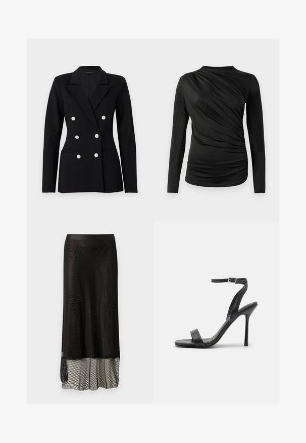 Good American PONTE EMBELLISHED DOUBLE BREASTED - Blazer - black; Schwarz langärmliges Oberteil mit geraffter Textur an der Vorderseite, hoher Ausschnitt und schmaler Schnitt. Weicher, dehnbarer Stoff.; Schwarzer Netz-Midi-Rock mit einem taillierten Bund, offenem Rautenmuster und einem fließenden Futter am unteren Rand für mehr Bewegung und Textur.; Schwarze High-Heels-Sandalen mit schlankem Knöchelriemen und zwei vorderen Riemen. Aus glattem Leder gefertigt, mit einer eleganten spitzen Zehenform und einem Stiletto-Absatz.