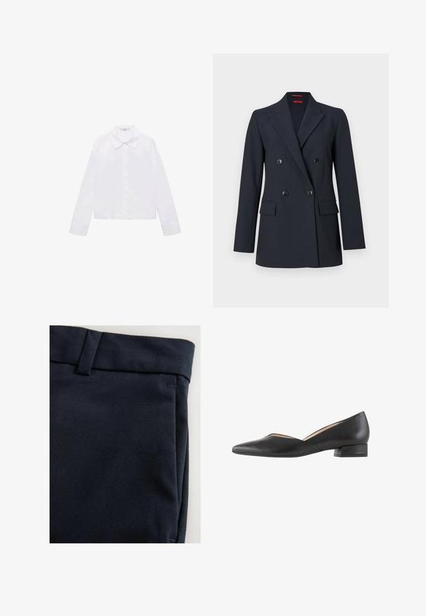 Veste noire croisée à double boutonnage avec revers crantés, quatre boutons sur le devant et deux poches à rabat, sur un fond blanc uni.; Chemise blanche à manches longues avec un col classique, patte de boutonnage centrale et tissu lisse, dotée d'un ourlet légèrement court.; Pantalon bleu marine présentant une texture de tissu lisse, un design à devant plat, et des détails de couture discrets le long de la ceinture et des poches.; Chaussures noires en cuir à petit talon avec un bout pointu et un design découpé sur les côtés, créant une silhouette élégante.
