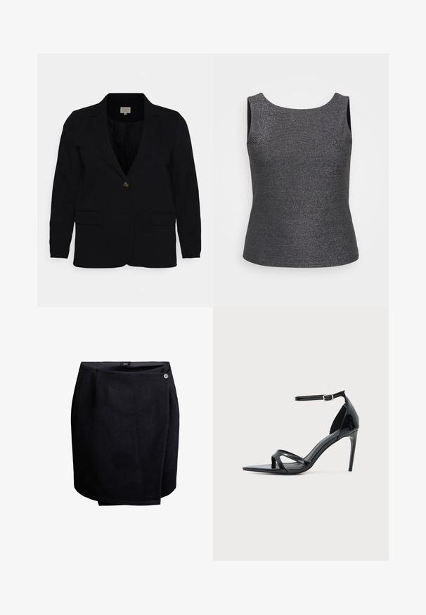 Sort blazer med spidse klapper, enkelt knaplukning, to forlommer og glat stofstruktur. Klassisk snit og skræddersyet design.; Ärmeloses top i mørkegrå med metallisk glans, med en rund halsudskæring og en tætsiddende form, lavet af et struktureret stof.; Sort omslagskørt med en enkelt knaplukning i siden, lavet af glat stof, knælangt med en let overlappende detalje.; Sort laklædersandal med høje hæle, tynd ankelrem, åben tå og minimalistisk design på en ensfarvet lys baggrund.