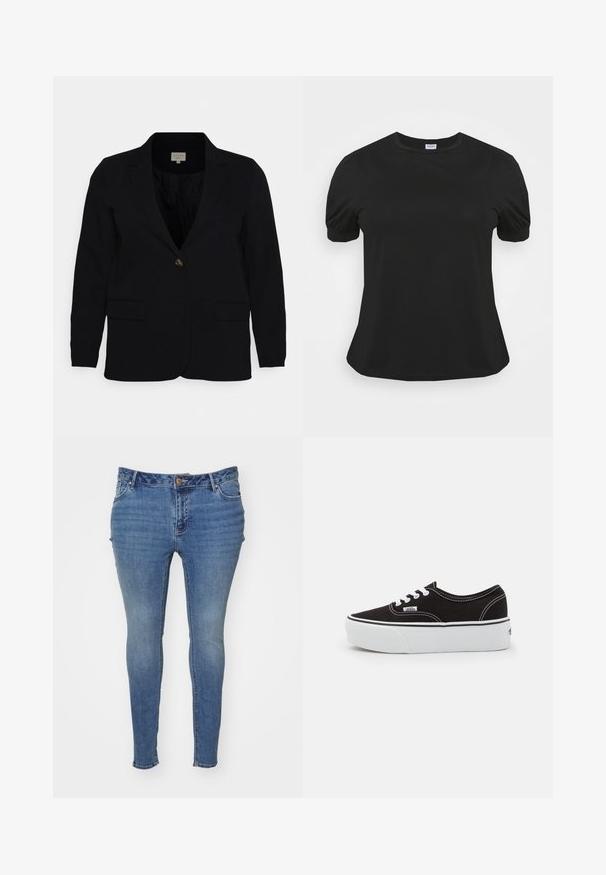 Zwarte blazer met notch-lapels, enkele knoopsluiting, twee voorzakken en een gladde stoftextuur. Klassieke snit en op maat gemaakt ontwerp.; Zwart t-shirt met korte mouwen en ronde hals, zachte textuur en geplooide details bij de schoudernaden, met een losse pasvorm.; Dunne blauwe spijkerbroek van denim met een vervaagde afwerking. Beschikt over een vijf-pocket ontwerp en een knoopsluiting bij de taille.; Zwarte canvas sneaker met een witte rubberen platformzool, voorzien van witte veters en stiksels, iconische branding op de zijkant, low-top ontwerp.