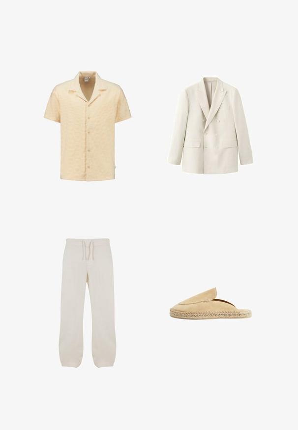 Flødefarvet dobbeltradet blazer med hakkede revers og klaplommer, vist på en hvid baggrund.; Kortærmet skjorte i struktureret lysegul stof med geometrisk mønster, klippet krave og fem forknapper.; Lyse beige linned bukser med elastisk talje og snor. Lige ben-design med en glat tekstur og let indsnævring ved anklerne.; Beige ruskinds slip-on sko med en rund tå, syede detaljer og en fletning af jute-sål, med en åben bagside for nem brug.