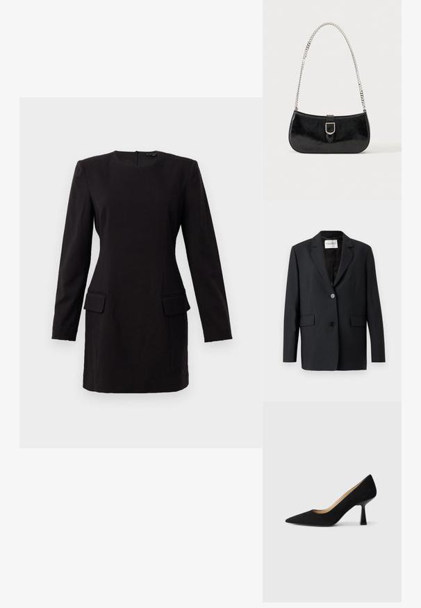 Zwarte blazer met een enkele knoopsluiting, revers met inkeping, twee voorzakken en een gladde textuur. Label met de tekst "CLOSED."; Zwarte jurk met lange mouwen en een ronde halslijn, twee voorzakken en een slanke pasvorm, gemaakt van een gladde stof met minimale details.; Zwarte suède high-heeled pump met een spitse neus, voorzien van een glanzende zwarte blokhak en een gladde binnenvoering.; Zwarte lakleren schoudertas met een zilveren gespdetail en een zilveren kettingriem, getoond tegen een effen lichte achtergrond.