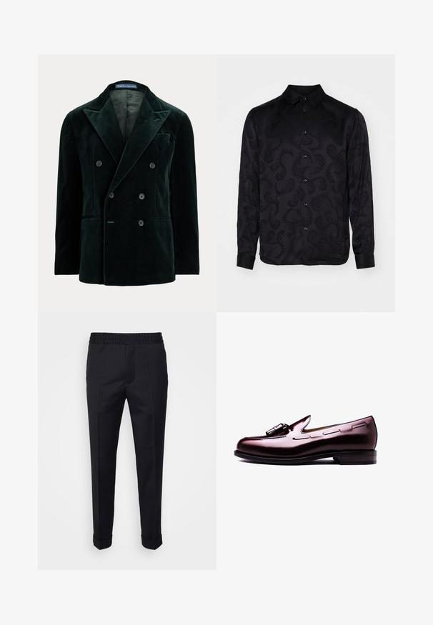 Donkergroene fluwelen dubbelgeknoopte blazer met brede revers, zes knopen, twee voorzakken, borstzak en binnenvoering.; Zwarte lange mouwen shirt met een subtiele gestructureerde paisleyprint, voorzien van een puntige kraag en knoopsluiting aan de voorkant. Gladde stof.; Zwarte broek van lichtgewicht stof, met een elastische tailleband, zijzakken en opgerolde mouwen. Soepele textuur met voorplooien.; Bruine lederen loafers met een glanzende afwerking, voorzien van een opvallende decoratieve gesp en stiksels langs de zijkanten, en een ronde neus.