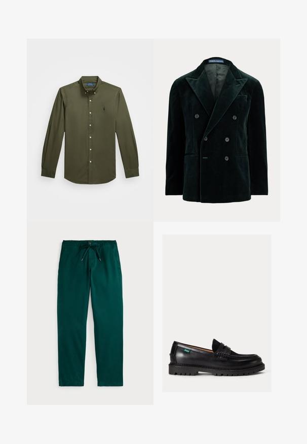 Dunkelgrüner Samt-Doppelreiher-Blazer mit breiten Revers, sechs Knöpfen, zwei Vordertaschen, Brusttasche und Innenfutter.; Langärmliges, olivgrünes Hemd aus Baumwolle mit Knopfleiste. Verfügt über ein kleines gesticktes Logo auf der Brust, einen klassischen Kragen und Knopfdetails.; Polo Ralph Lauren POLO PREPSTER STRETCH CLASSIC FIT PANT - Stoffhose - frond green; Schwarzer Lederloafer mit dicker Sohle, abgerundeter Spitze und grünem Polo-Logo-Label an der Seite.