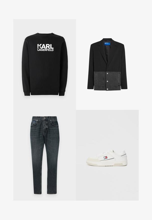 Blazer negro con un panel inferior de denim gris. Presenta solapas, botones frontales y bolsillos laterales. Textura suave en la parte superior, denim texturizado en la parte inferior.; Sudadera negra de algodón, con un cuello redondo y puños de canalé. Tiene un logotipo gráfico blanco en la parte frontal.; Jeans de mezclilla gris oscuro con un diseño de pierna recta, cinco bolsillos, cierre de botón y un ligero desgaste. Hechos de algodón con una textura suave.; Zapatillas blancas con parte superior de cuero suave y puntera de ante, con un pequeño logo rojo, blanco y azul en el lateral y suela texturizada.