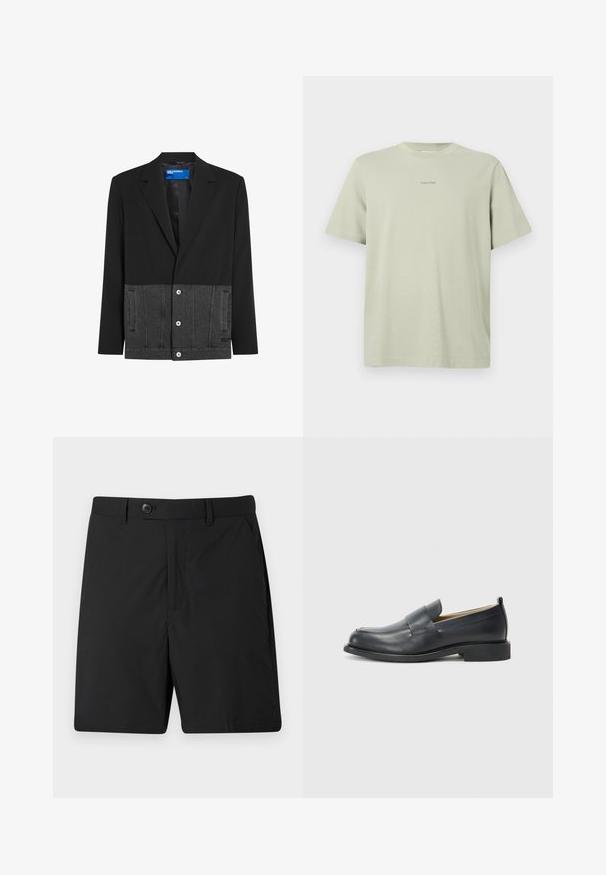 Blazer noir avec un panneau inférieur en denim gris. Dispose d'un col, de boutons à l'avant et de poches latérales. Texture lisse sur le dessus, denim texturé en dessous.; T-shirt en coton vert clair avec un col rond, des manches courtes et un petit logo Calvin Klein imprimé en une teinte plus foncée sur la poitrine.; Shorts noirs en tissu léger, dotés d'une fermeture à bouton, de deux poches latérales et d'une coupe droite. Texture lisse et design simple.; Mocassins en cuir noir avec une finition lisse, une semelle plate et un bout arrondi, ornés d'une sangle décorative sur le dessus.