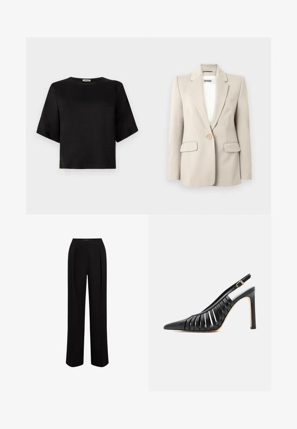 Blazer beige con solapas con muesca, cierre de un solo botón, dos bolsillos frontales y textura suave. Etiqueta de la marca visible en el interior.; Camiseta negra de manga corta con un escote redondeado, fabricada con tela suave. El diseño presenta una silueta cuadrada y un acabado limpio.; Pantalones negros de pierna ancha hechos de tela suave, con cintura alta, pliegues en la parte frontal y un acabado limpio y entallado.; Zapato de tacón alto tipo slingback negro con punta puntiaguda y tiras de cuero recortadas, con una hebilla dorada en la correa del tobillo.