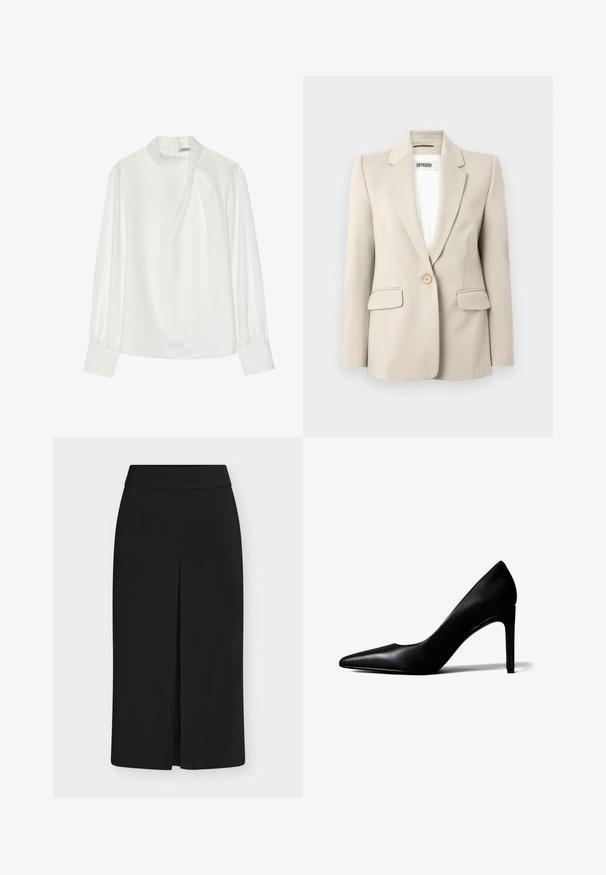 Beige blazer met ingesneden revers, enkele knoopsluiting, twee voorzakken en een gladde textuur. Merklable zichtbaar aan de binnenkant.; Witte blouse met een hoge halslijn, lange pofmouwen en een ritssluiting aan de achterkant. Glad stof met een lichte glans en subtiele val.; Zwarte rok tot op de knie met een hoge tailleband en een centrale voorscheur, afgebeeld tegen een effen lichte achtergrond.; Zwarte leren pumps met een spits toelopende neus en een smalle naaldhak op een witte achtergrond.