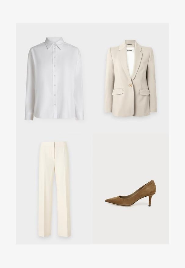 Blazer beige avec revers crantés, fermeture à un bouton, deux poches avant et une texture lisse. Étiquette de la marque visible à l'intérieur.; Chemise blanche à manches longues boutonnée, avec col pointu et poignets standards, présentée sur un fond clair uni.; Pantalon droit sur mesure couleur blanc cassé avec pli avant, ceinture et fermeture avant dissimulée sur un fond uni.; Chaussure à talon haut en daim marron, bout pointu, avec un talon aiguille fin de hauteur moyenne sur fond blanc.