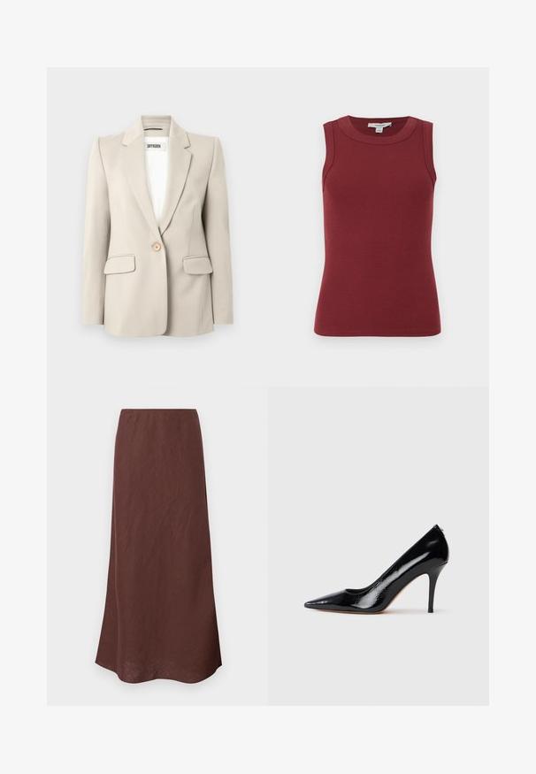 Beige blazer med hakkede revers, enkelt knaplukning, to forlommer og en glat tekstur. Mærkeetiket synlig indeni.; Ærmeløs, ribstrikket tanktop i mørkerød med rund halsudskæring og tætsiddende silhuet.; Brun, lang nederdel lavet af letvægtsstof. Har et simpelt design med en lige skæring og en glat tekstur. Kantene er let buede.; Sort højtaljet pumpekappe i laklæder med spids tå, der har en glat tekstur og en slank stiletthæl. Ingen synlige metaldele.
