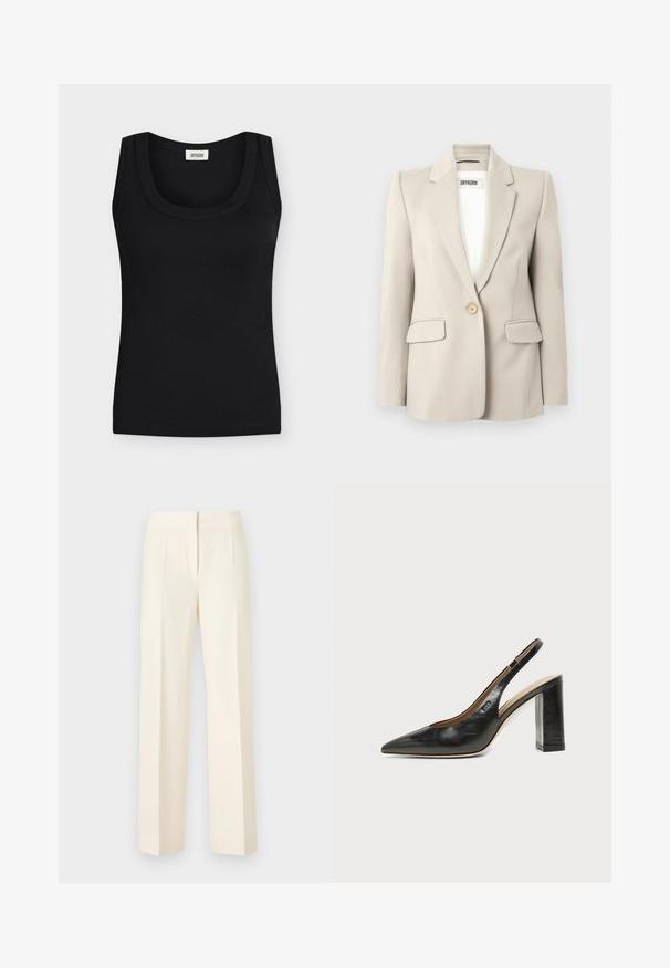 Blazer beige avec revers crantés, fermeture à un bouton, deux poches avant et une texture lisse. Étiquette de la marque visible à l'intérieur.; Débardeur noir côtelé sans manches avec larges bretelles et encolure ronde, étiquette de marque visible à l'intérieur du col.; Pantalon droit sur mesure couleur blanc cassé avec pli avant, ceinture et fermeture avant dissimulée sur un fond uni.; Chaussure slingback en cuir noir à bout pointu avec un talon bloc haut et une doublure intérieure beige sur un fond clair uni.