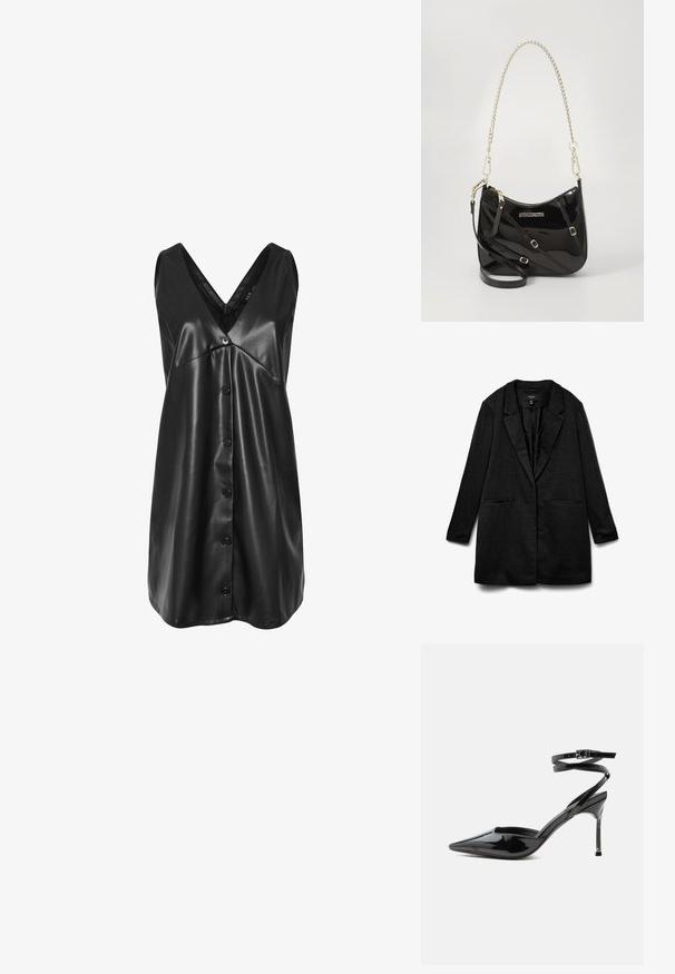 Blazer negro con tela texturizada, solapas con muesca, dos bolsillos delanteros y diseño de frente abierto. Forro liso, diseñado para un ajuste relajado.; Vestido negro sin mangas de cuero sintético con escote en V, botonadura en la parte frontal y dobladillo ligeramente acampanado.; Tacón stiletto de charol negro con punta puntiaguda, tiras finas en el tobillo y cierre pequeño de hebilla.; Bolso cruzado de cuero sintético negro con forma curvada, correa de cadena plateada, herrajes en tono dorado y correa de hombro ajustable.