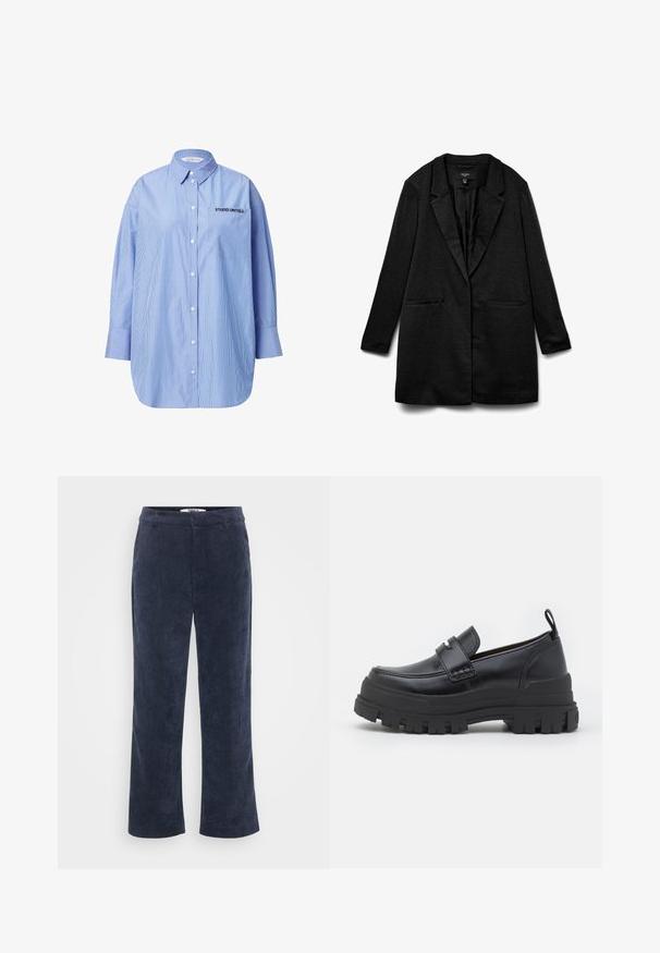 Schwarzer Blazer aus strukturiertem Stoff, mit Reverskragen, zwei Fronttaschen und offenem Schnitt. Glattes Futter, für eine lockere Passform entworfen.; Gestreifte blaue Button-up-Bluse mit einer Tasche, die den Text "STUDIO UNTOLD" zeigt, klassischem Kragen und langen Ärmeln.; Marineblaue Cordhosen mit geradem Bein.Design, das eine glatte Textur und einen mittelhohen Bund aufweist. Keine sichtbaren Beschläge oder Muster.; Schwarzer Lederloafer mit dicker profilstarker Sohle, Mokassinnaht vorne, Riemendetail oben und Zuglasche an der Ferse, seitlich gezeigt.