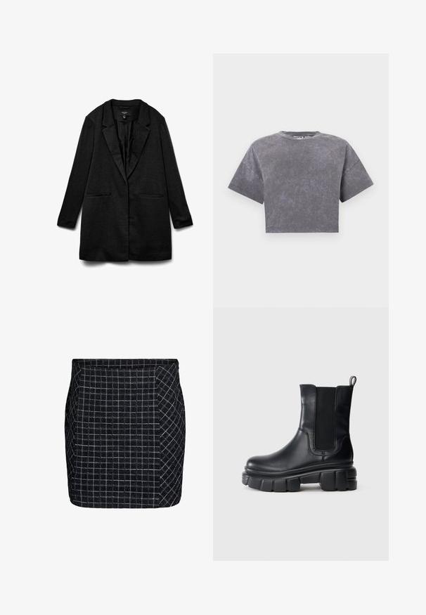 Zwarte blazer met een gestructureerde stof, revers met inkeping, twee steekzakken aan de voorkant en een open voorkant. Gladde voering, ontworpen voor een ontspannen pasvorm.; Korte grijze cropped T-shirt met een vervaagde, gewassen textuur en wijde korte mouwen tegen een effen witte achtergrond.; Zwarte rok met een gestructureerd, ruitpatroon. Beschikt over een rechte snit en een gladde afwerking. Geen zichtbare hardware of accenten.; Zwarte leren Chelsea-boot met stevige lugzool, elastische zijpanelen en trekstrip aan de achterkant tegen een effen witte achtergrond.
